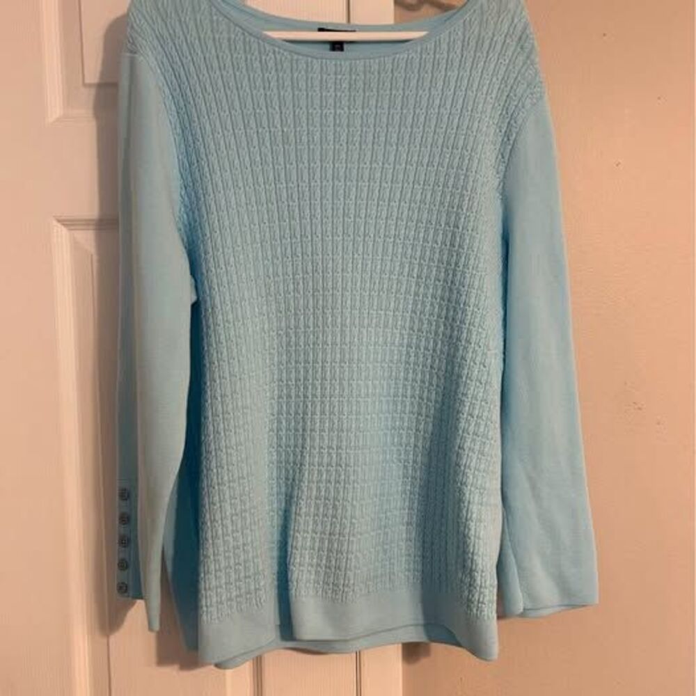 Talbots Plus Women’s 2X Light Blue Cable Knit Sweater Button Cuff Long Sleeve